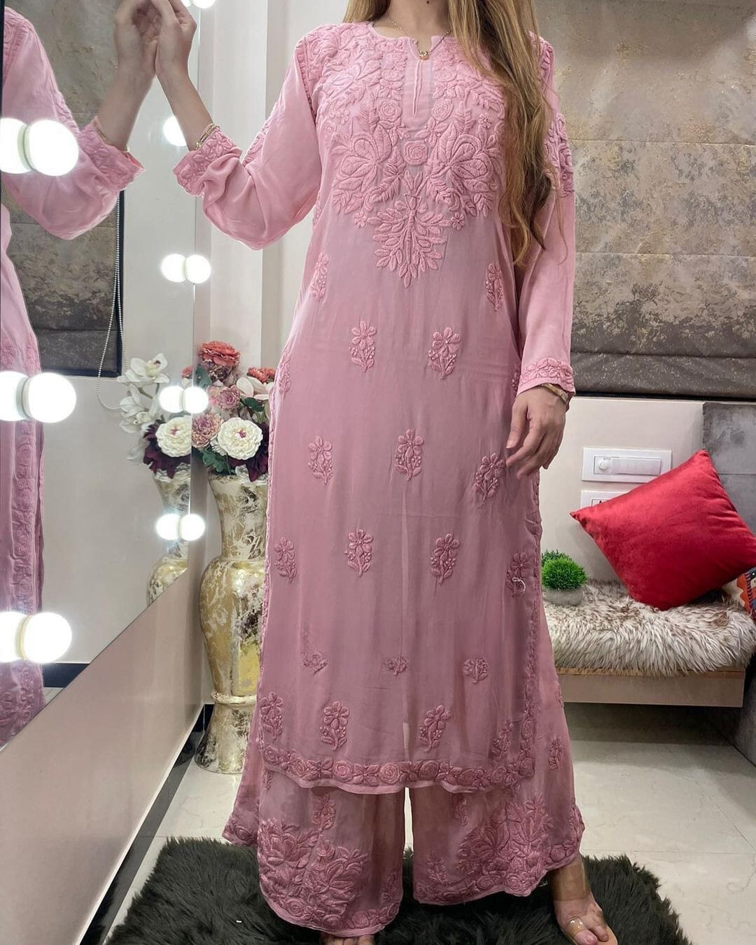 Pink viscose chikankari suit
